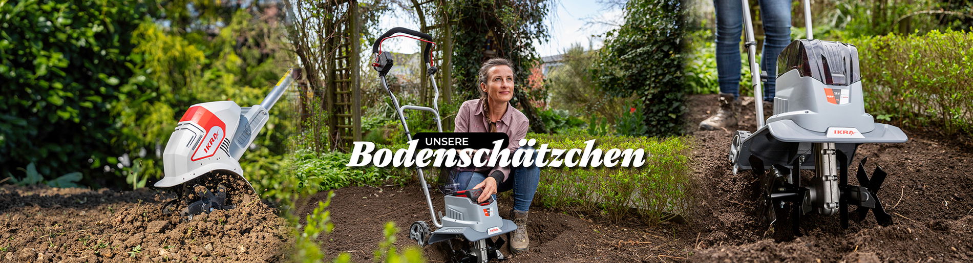 Frau kniet im Saatbeet vor ihrer Bodenhacke